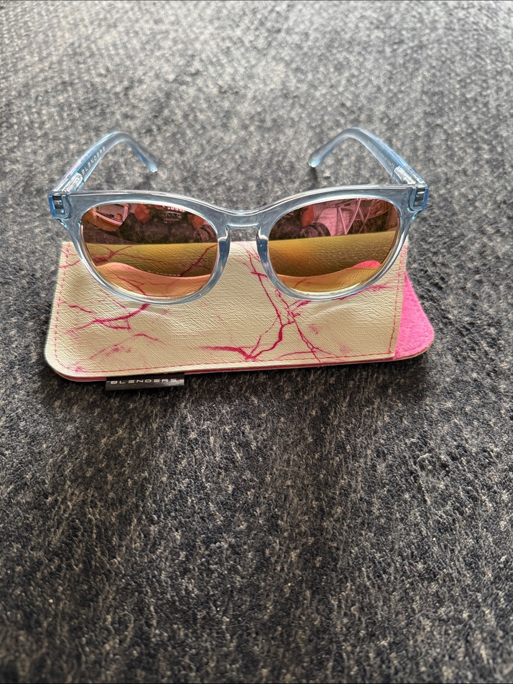 Clear Light Blue Frame Sunglasses with Pink Mirrored Lenses